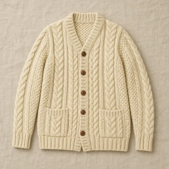 Cream cable-knit cardigan laid flat