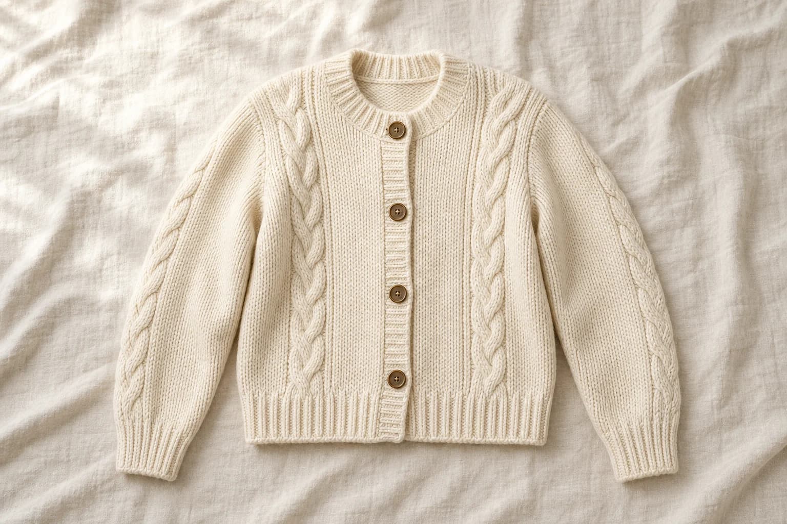 Cream chunky-knit cardigan laid flat on warm linen